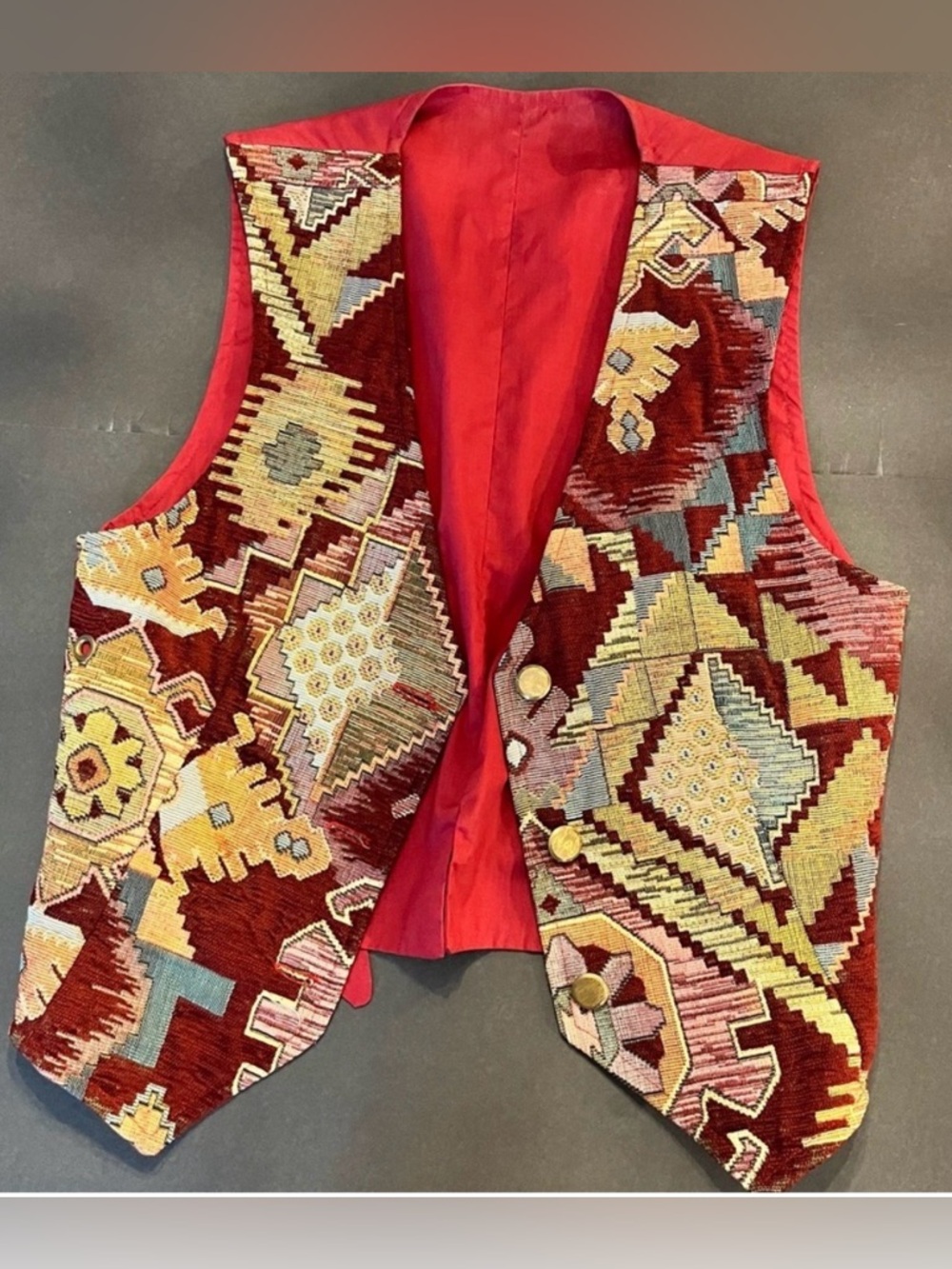 Vintage Vest Women’s Tapestry Burgundy Green Art To Wear Gold Buttons Boho